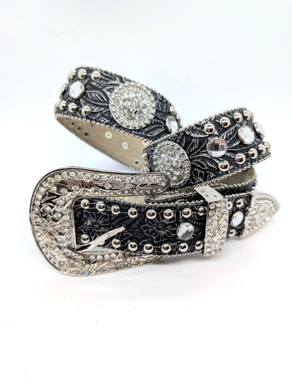 Blazin Roxx Statement Tooled Leather Belt Womens Size L Rhinestone Concho Silver